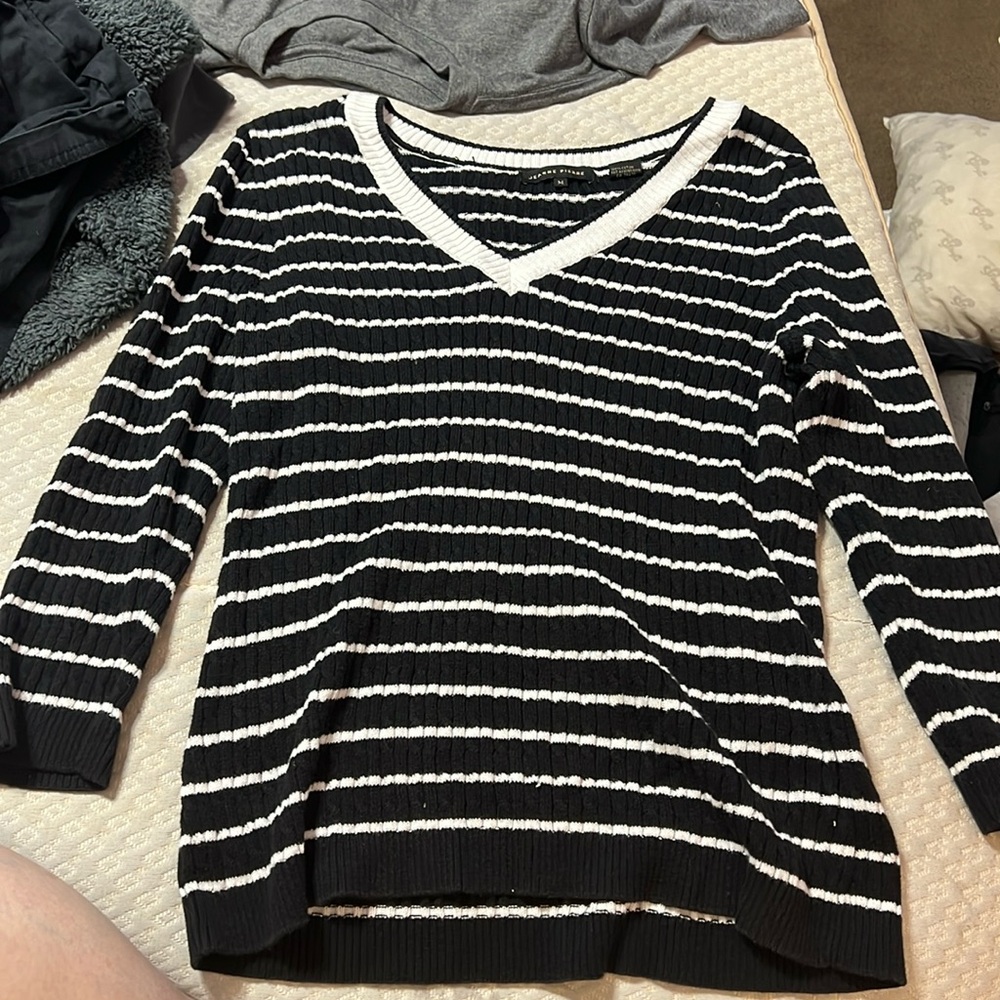 Black and white striped v neck sweater